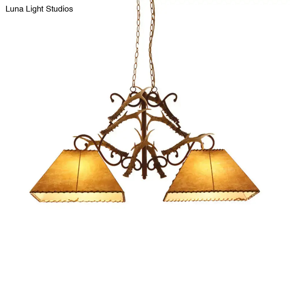 Decorbites traditional brown fabric trapezoid island chandelier with antler-themed wrought iron and two warm shades compatible with led incandescent fluorescent 220v-240v 110v-120v