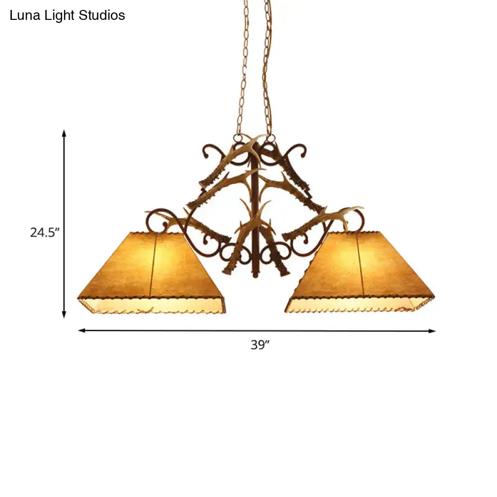 Antique bronze wrought iron decorbites traditional brown fabric trapezoid island chandelier with 2 heads for living room compatible with 220v-240v 110v-120v led incandescent fluorescent bulbs