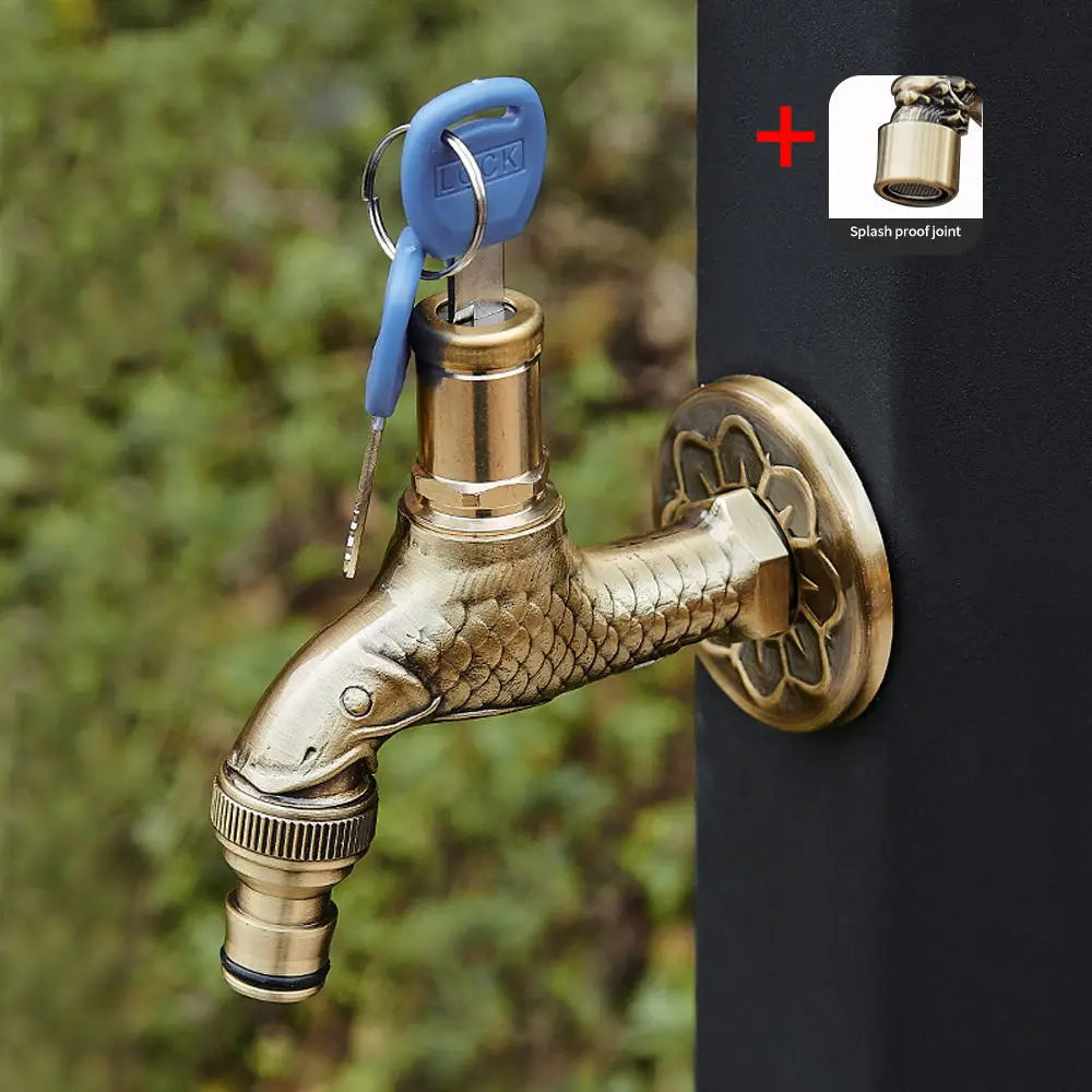 Antique carved bibcock brass faucet with key lock and splash-proof joint for outdoor washing machine use