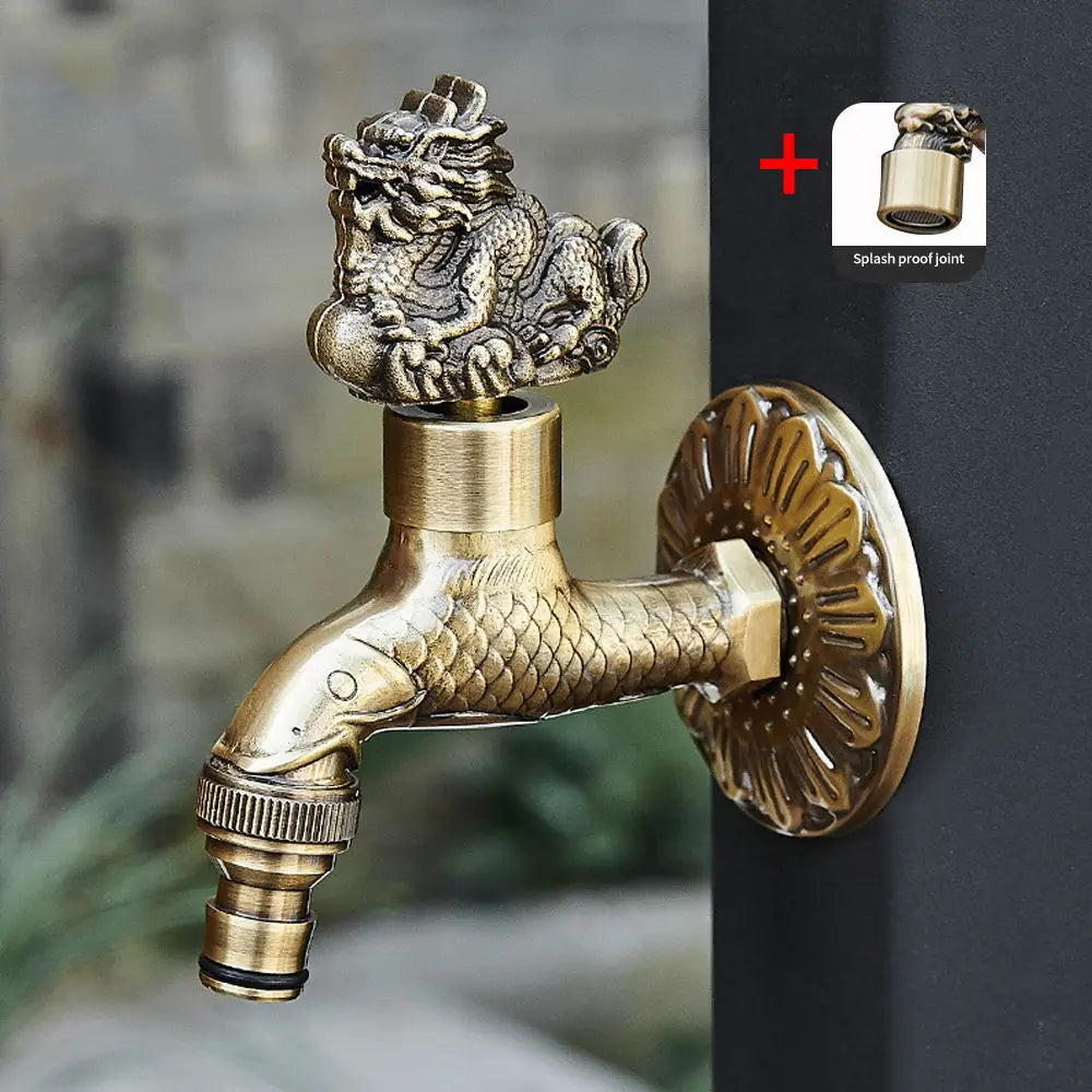 Antique carved bibcock brass faucet with dragon head and fish-scale design for washing machine and outdoor use