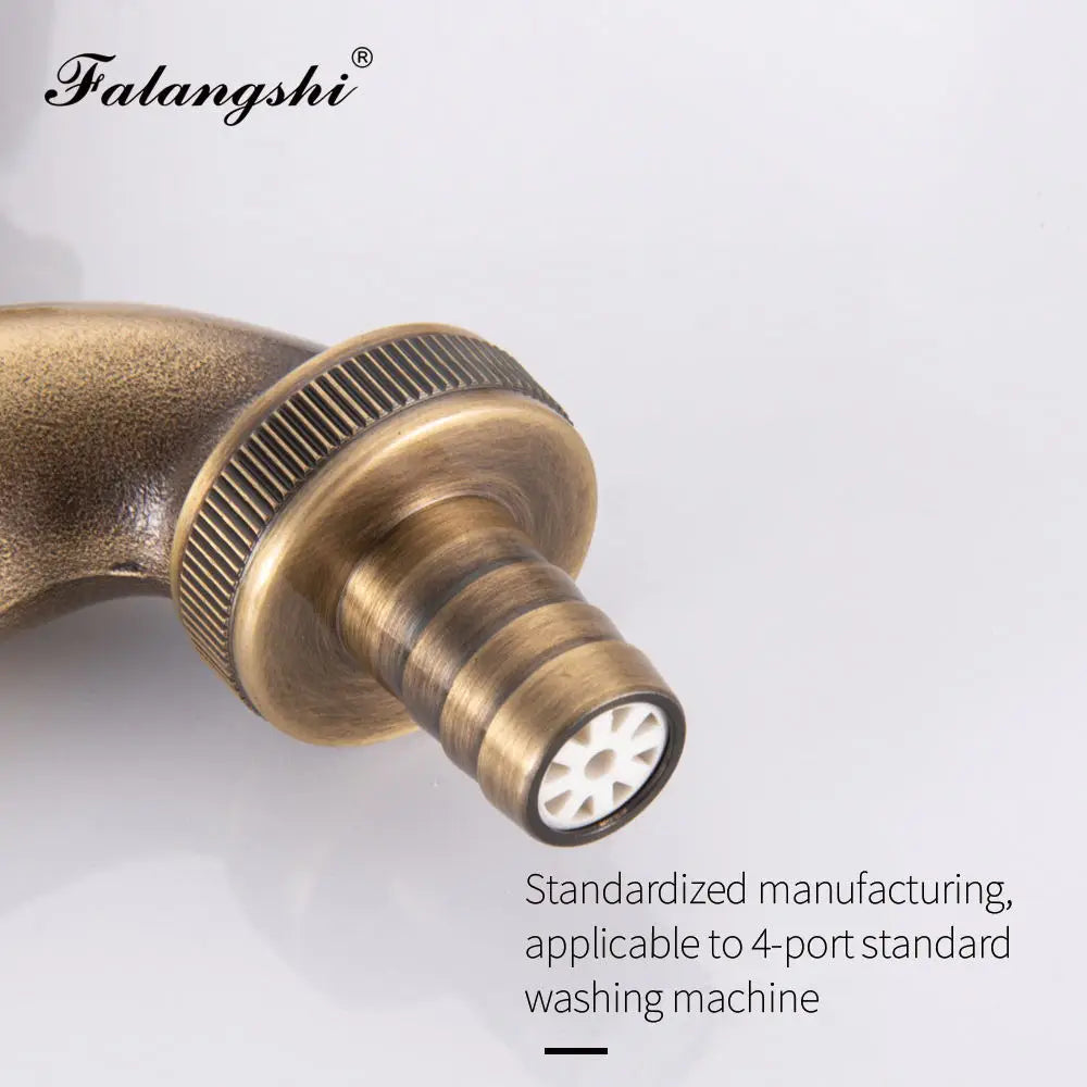 Antique carved bibcock brass faucet with ridged handle and white ceramic nozzle for washing machine use