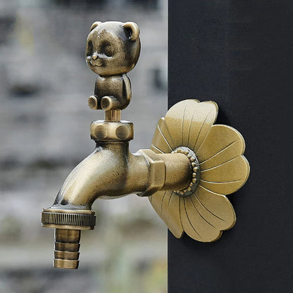 Antique carved bibcock brass faucet with bear-shaped handle and flower wall mount for washing machine use