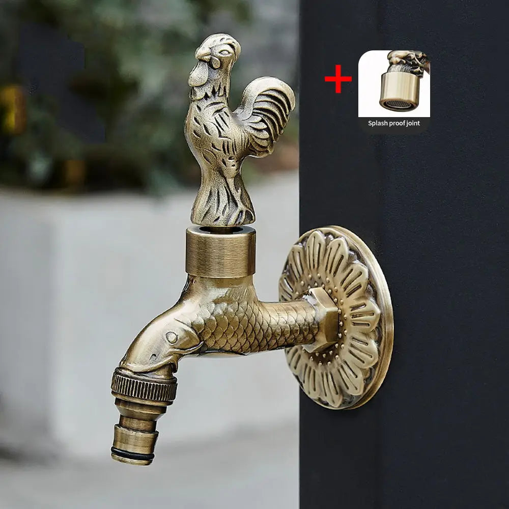 Antique carved bibcock brass faucet with ornate rooster and fish designs for washing machine and outdoor garden use