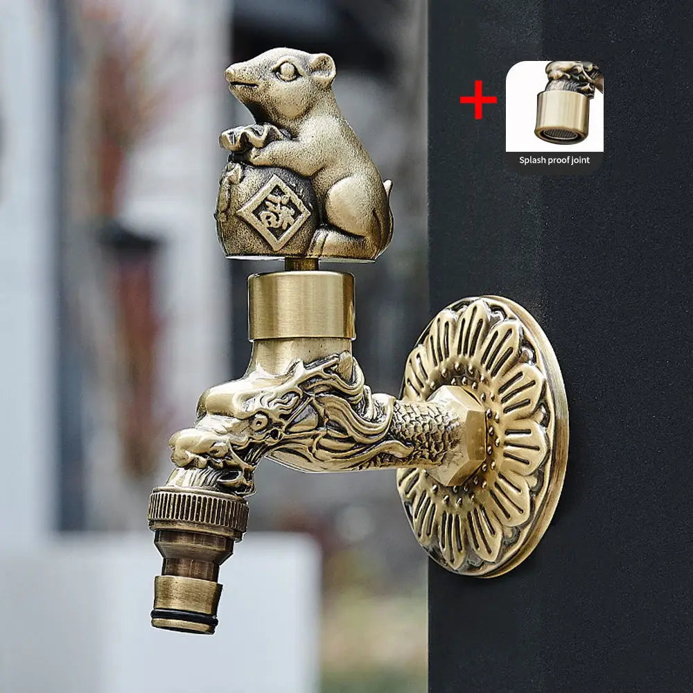 Antique carved bibcock brass faucet with ornate dragon design and rat figurine for washing machine use