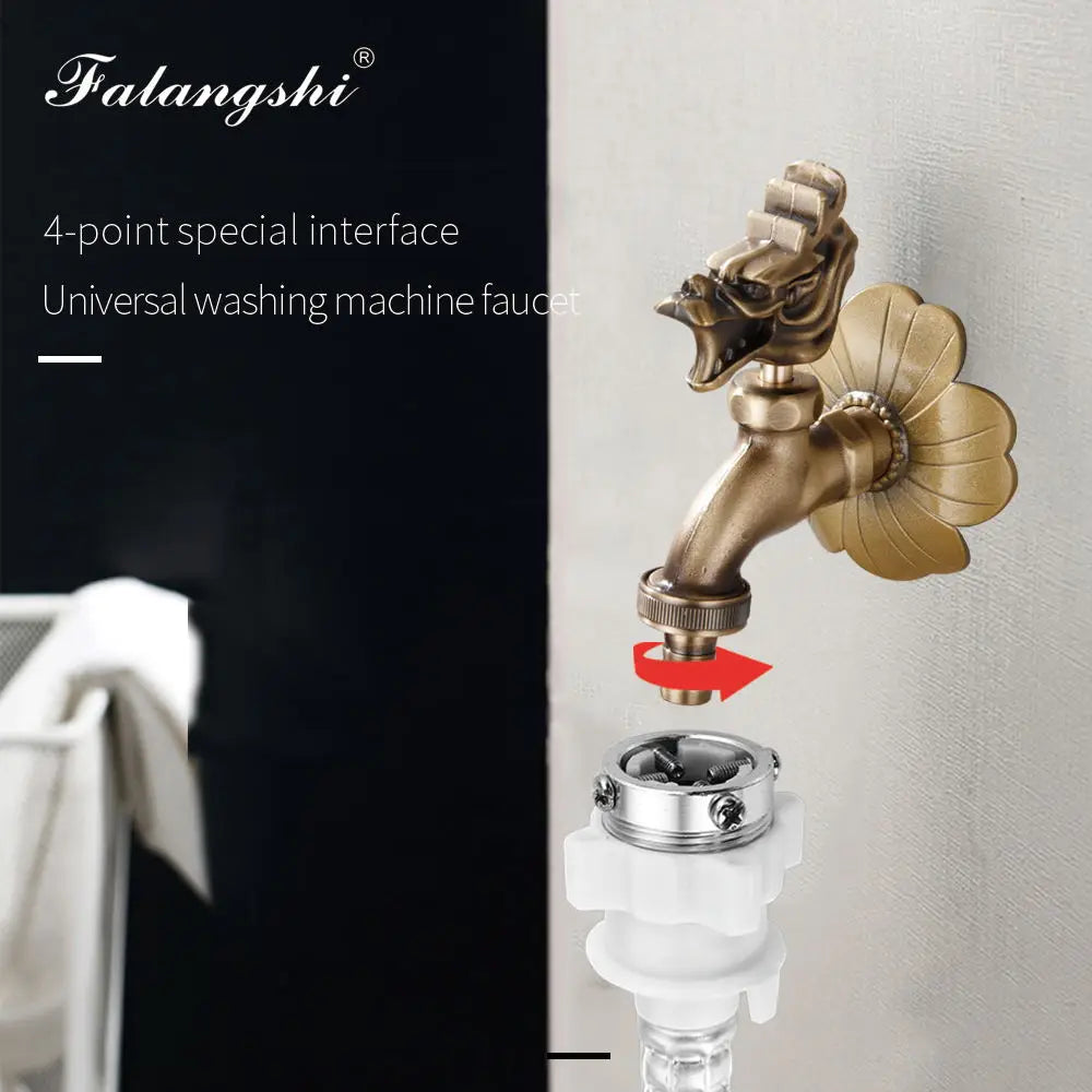 Antique carved brass washing machine bibcock faucet with dragon-head design and floral wall mount chrome connector