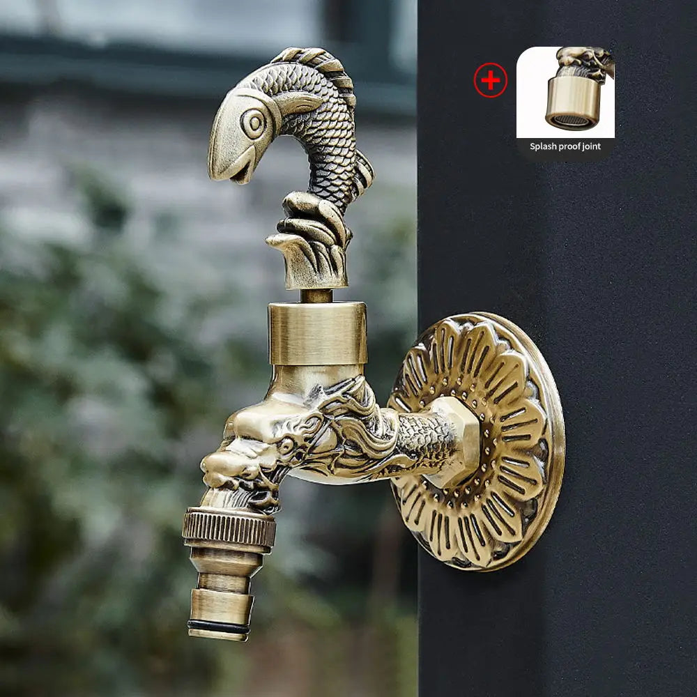 Antique carved bibcock brass faucet with ornate fish and dragon designs for outdoor washing machine use