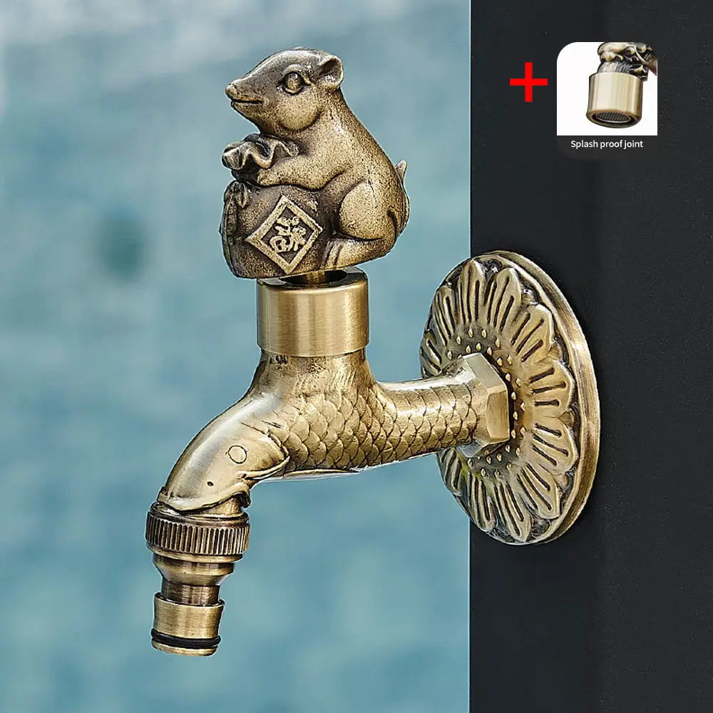Antique carved bibcock brass faucet with rat figurine and fish spout for washing machine and outdoor use