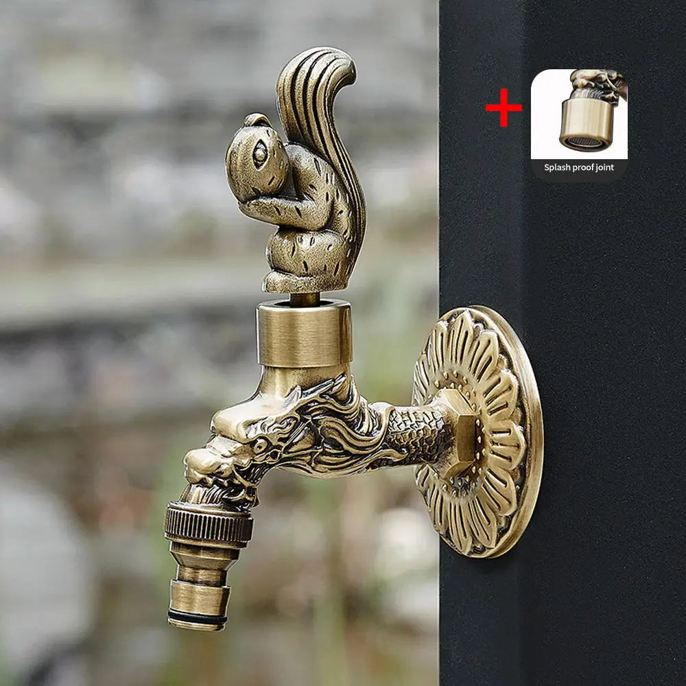 Antique carved bibcock brass faucet with squirrel and dragon-scale design for washing machine and outdoor use