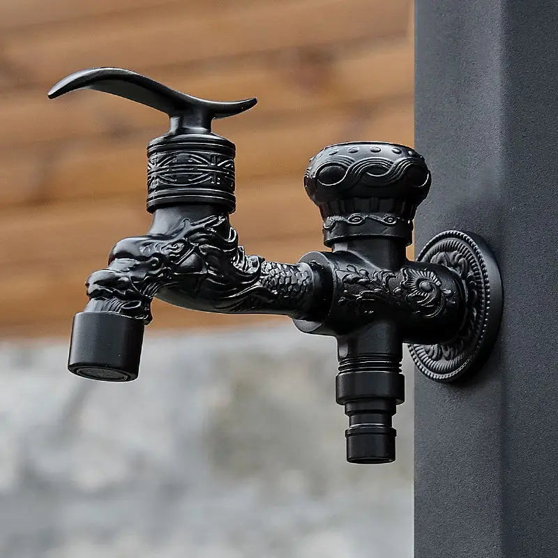 Antique black brass bibcock faucet with dragon design and embossed patterns for washing machine outdoor use