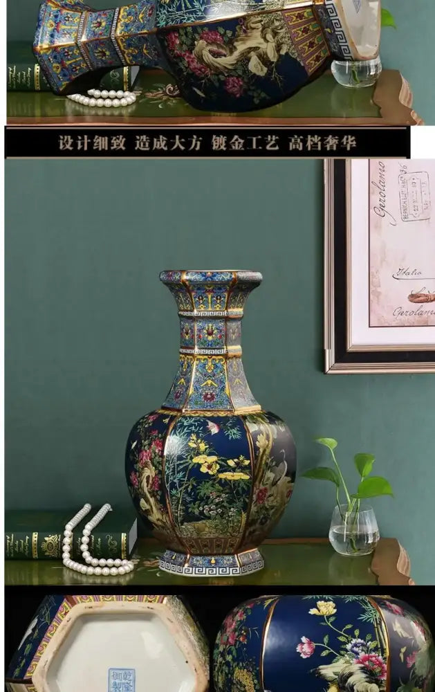 Antique ceramic vase 24cm dark blue enamel with intricate gold and colorful floral patterns for decor
