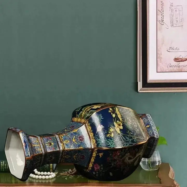 Antique ceramic vase 24cm in dark blue porcelain with intricate gold and colorful floral patterns and hexagonal body