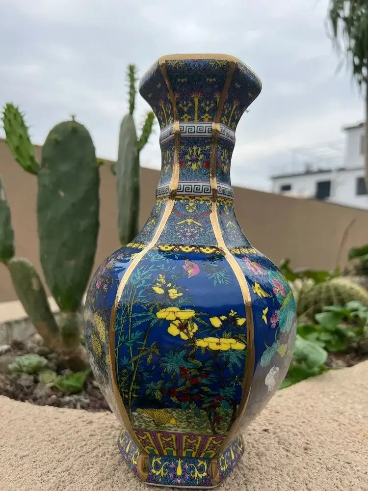 Antique ceramic vase 24cm deep blue octagonal ceramic vase with gold-trimmed floral and butterfly motifs