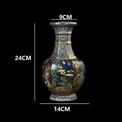 Antique ceramic vase 24cm tall with dark blue base and intricate gold red yellow green floral hand-painted motifs