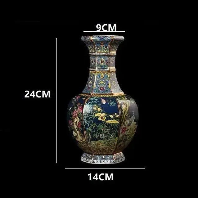 Antique ceramic vase 24cm tall with dark blue base and intricate gold red yellow green floral hand-painted motifs