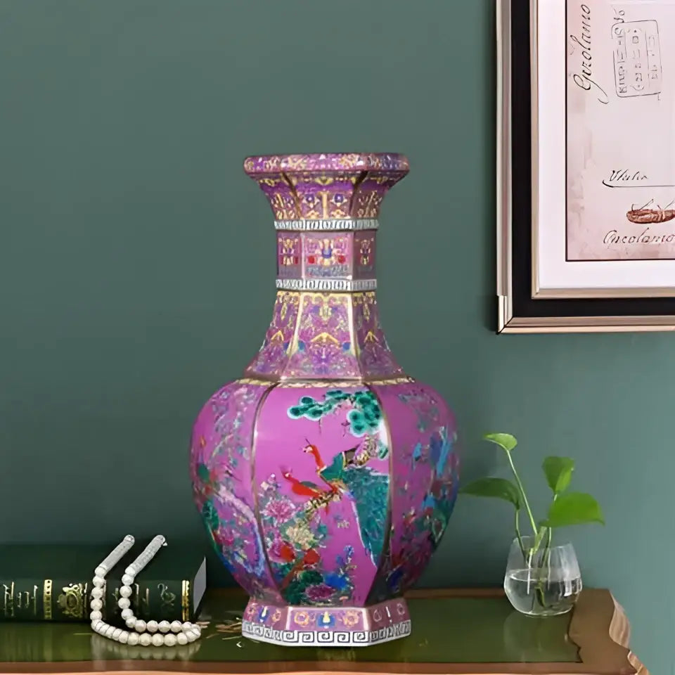 Antique ceramic vase 24cm vibrant pink porcelain with gold and multicolored floral patterns fluted neck hexagonal base