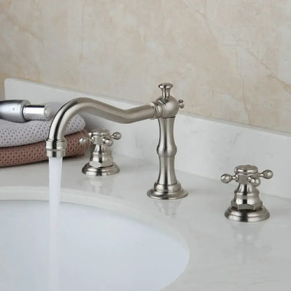 Brushed nickel basin faucet with dual handle cross-shaped design and curved spout for bathroom decorbites dual handle