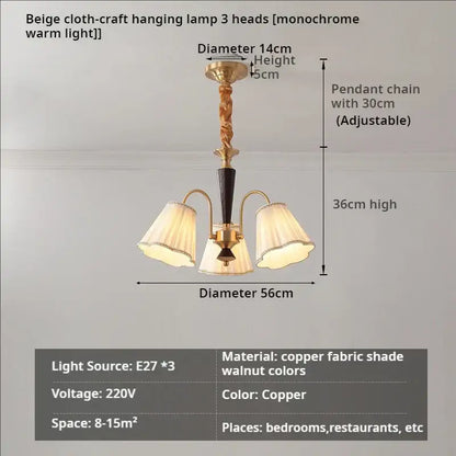 Beige cloth craft antique copper chandelier with three warm light heads and copper metal frame for dining room