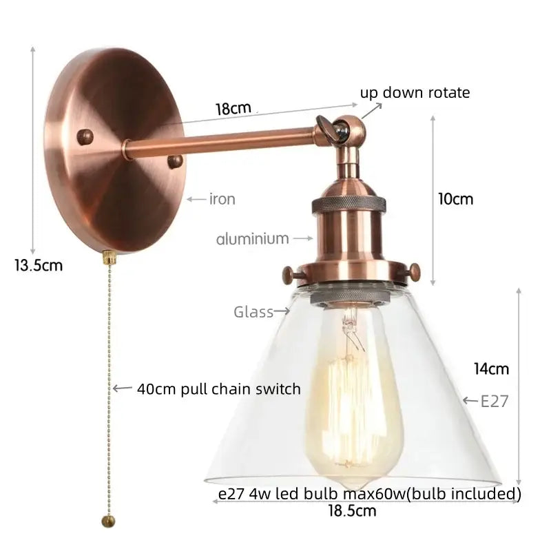 Antique copper industrial wall lamp with clear glass shade and exposed edison bulb for bedroom decorbites clear glass style