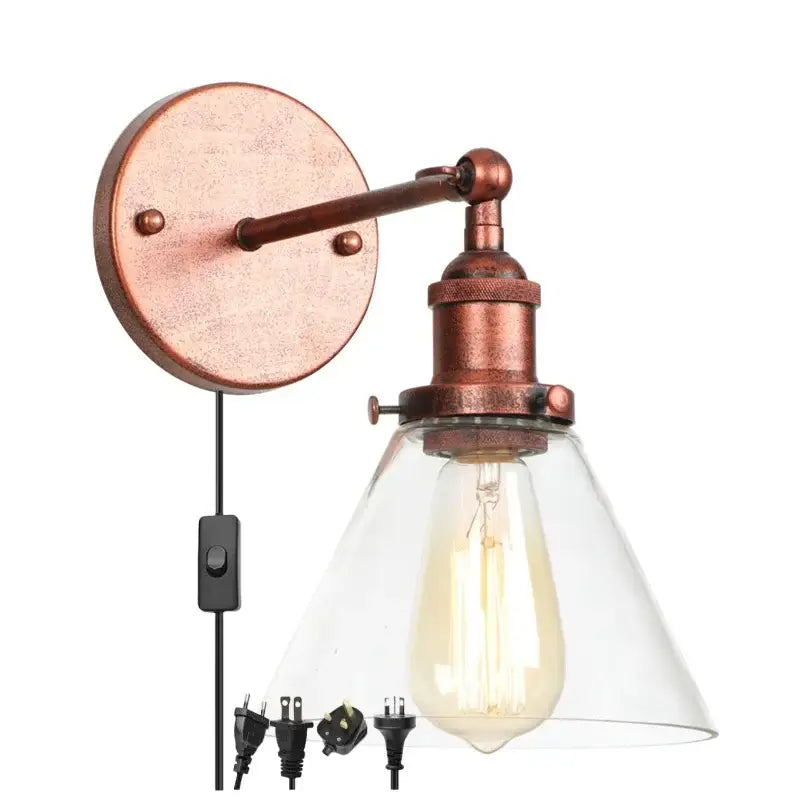 Antique copper industrial wall lamp with clear glass shade and exposed Edison bulb for bedroom decorbites clear glass