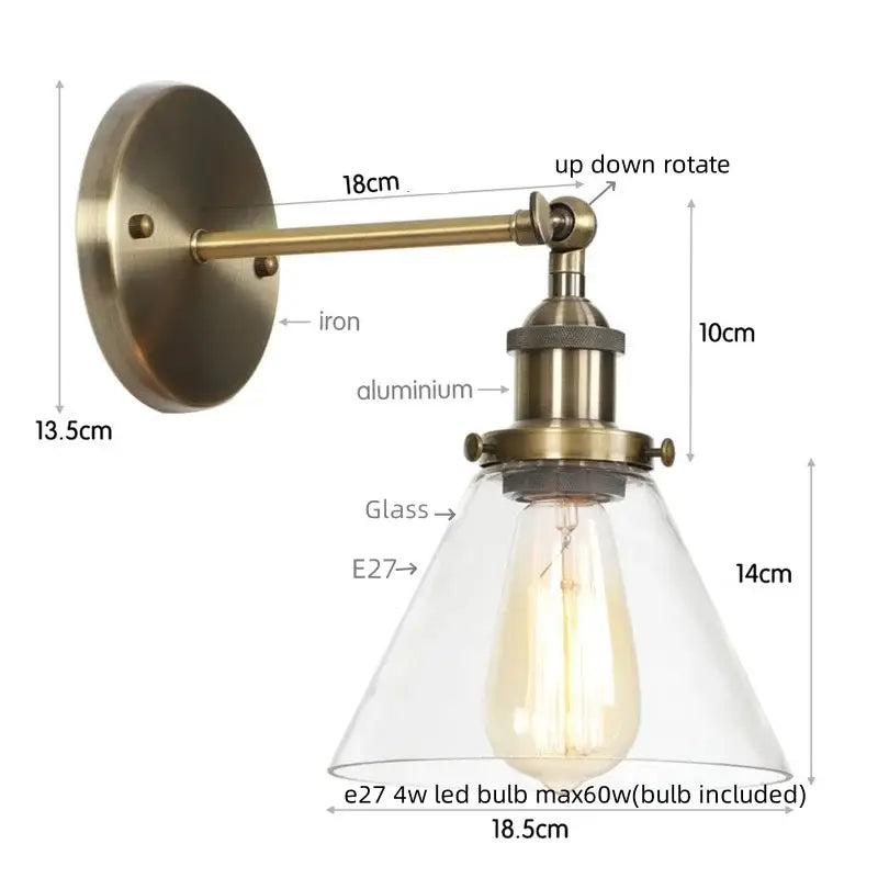 Antique copper industrial clear glass wall lamp with adjustable brass finish and e27 led bulb for bedroom sconce decorbites clear glass