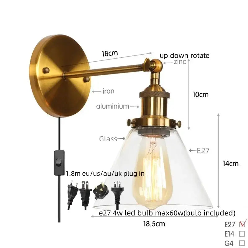Brass-finished antique copper industrial clear glass wall lamp with e27 led bulb for bedroom decorbites clear glass style