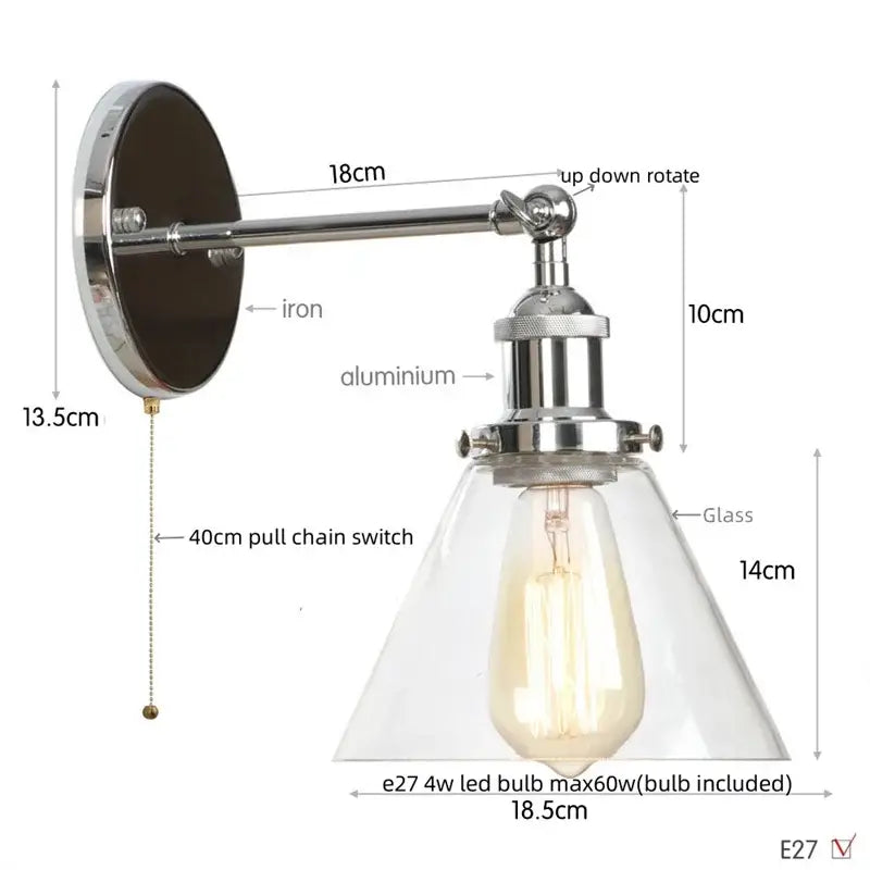 Antique copper industrial wall lamp with clear glass shade and chrome-finished iron arm for bedroom decorbites clear glass