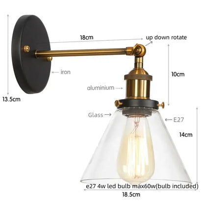 Antique copper industrial clear glass wall lamp with black iron backplate and brass aluminum arm for wall decorbites clear glass