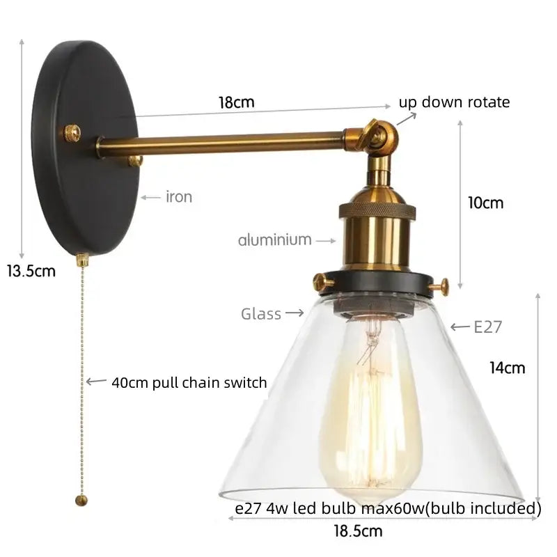 Antique copper industrial clear glass wall lamp with black iron backplate and brass arm featuring decorbites clear glass
