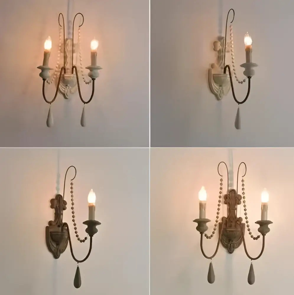 Antique country french wall lamp with ornate metalwork, frosted glass holders, and teardrop pendants for living room decorbites country french wall