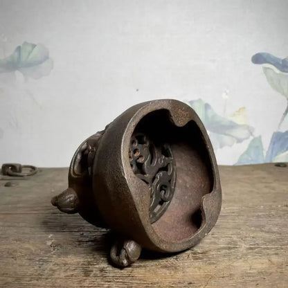 Antique double dragon copper craft burner in bronze with intricate dragon motifs and three clawed feet carbon stove for living room