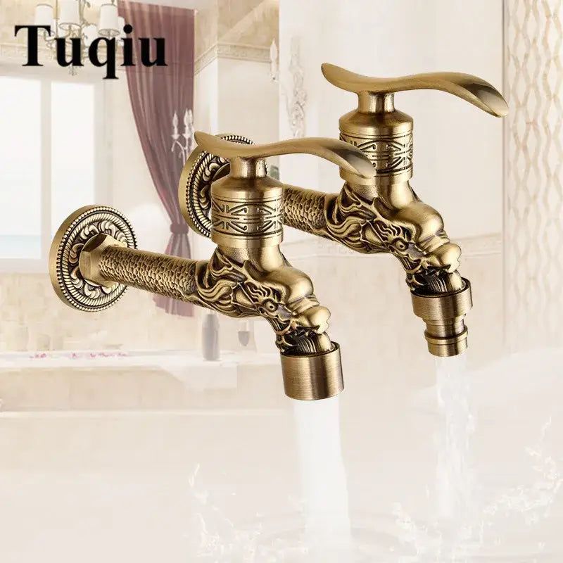 Antique brass single cold tap garden faucet with decorbites dragon carved intricate dragon head design