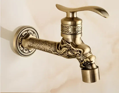 Antique brass single cold tap garden faucet with decorbites dragon carved dragon head and intricate engraved patterns