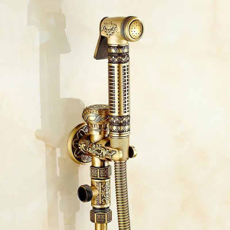 Antique engraved brass bidet shattaf with floral and geometric designs for bathroom hygienic washing decorbites brass bidet