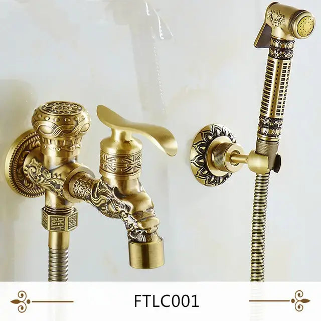 Antique engraved brass bidet shattaf with ornate dragon head design and matching handheld showerhead for hygienic washing