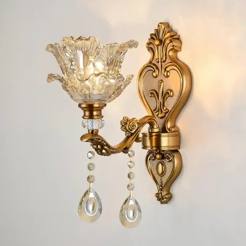 Antique european brass wall lamp with gold finish decorbites crystal glass dual heads and faceted flower-shaped shade