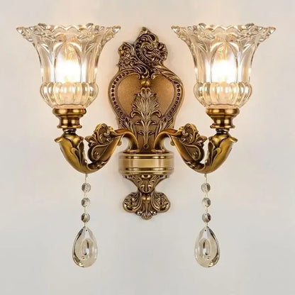 Antique European brass wall lamp with crystal glass dual heads ornate floral decorbites crystal glass shades
