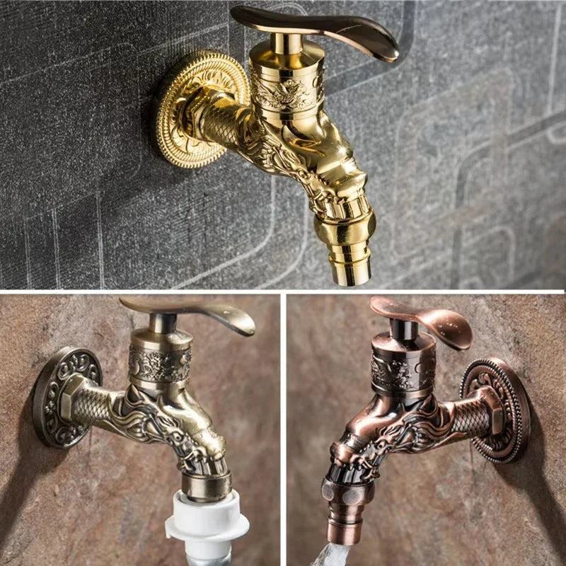 Antique european style wall mounted single hole cold water faucet with gold finished ornate dragon-head design