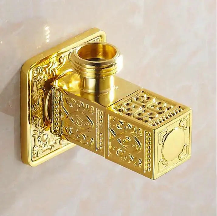 Antique floral brass bathroom angle stop valve featuring gold-colored ornately engraved stop valve adapter