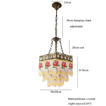 Antique french brass crystal chandelier with decorative red green yellow floral fabric fringe for living room decorbites french brass