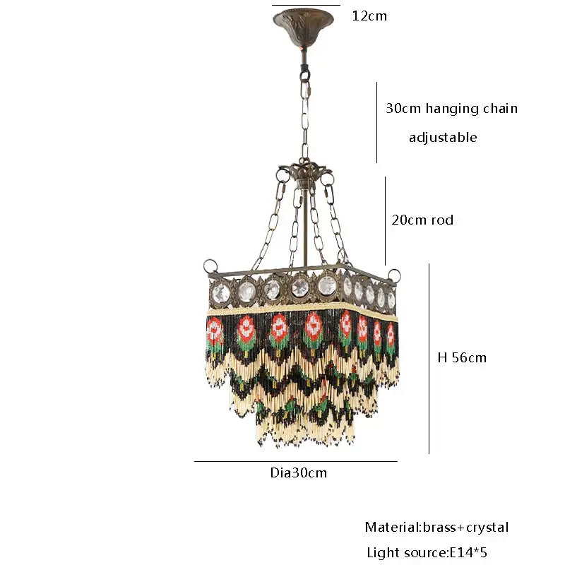Antique french brass crystal chandelier with beaded floral fringe in black green red and cream for living room decorbites french brass