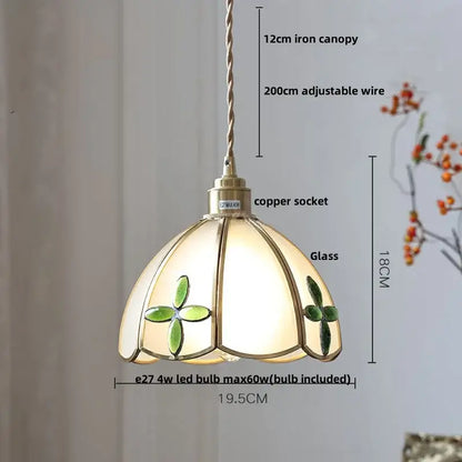 Antique gold petal glass led pendant lamp with cream stained glass and green clover motifs and brass copper socket