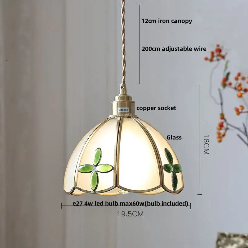 Antique gold petal glass led pendant lamp with cream stained glass and green clover motifs and brass copper socket