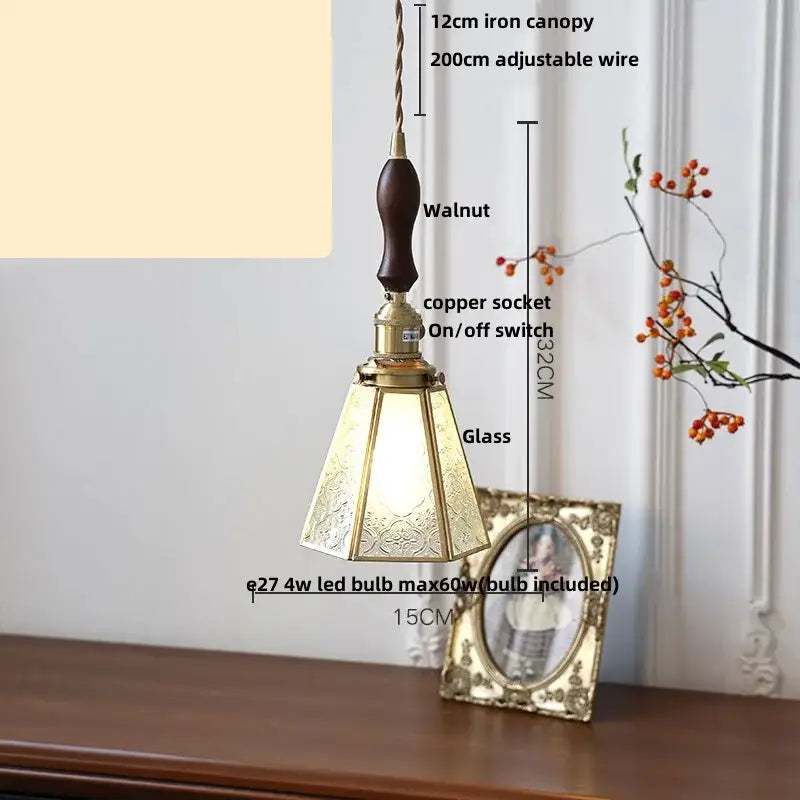 Antique gold petal glass led pendant lamp with walnut wood handle and brass accents featuring ornate etched shade