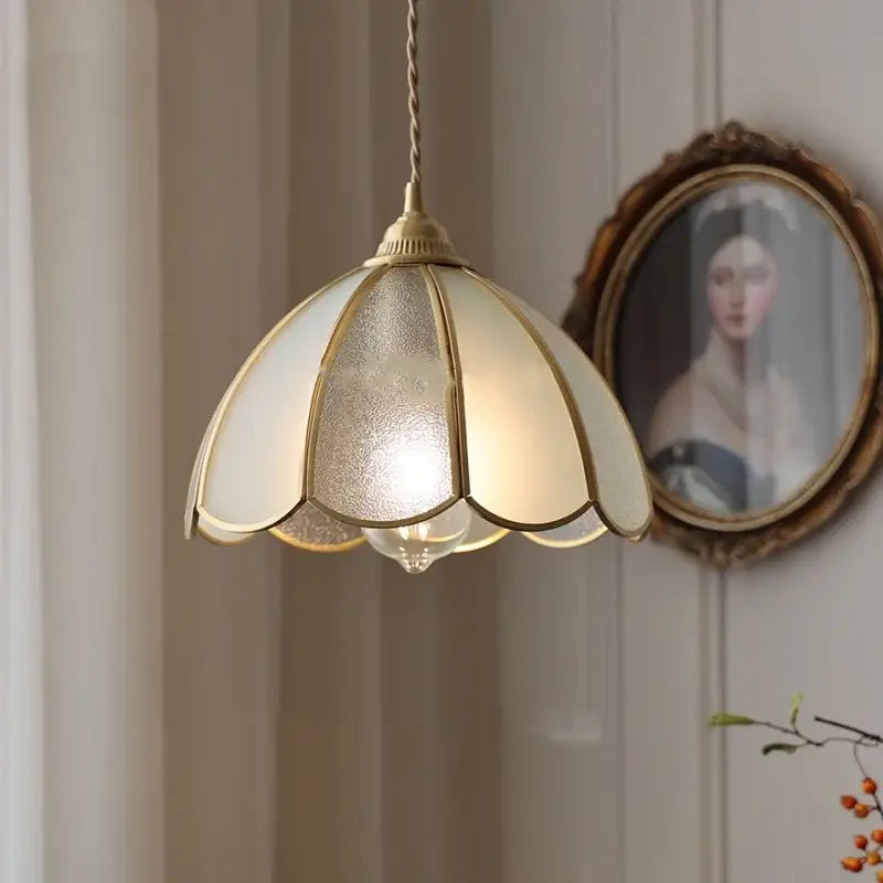 A delicate antique gold petal glass led pendant lamp with frosted glass shade for kitchen lighting fixtures