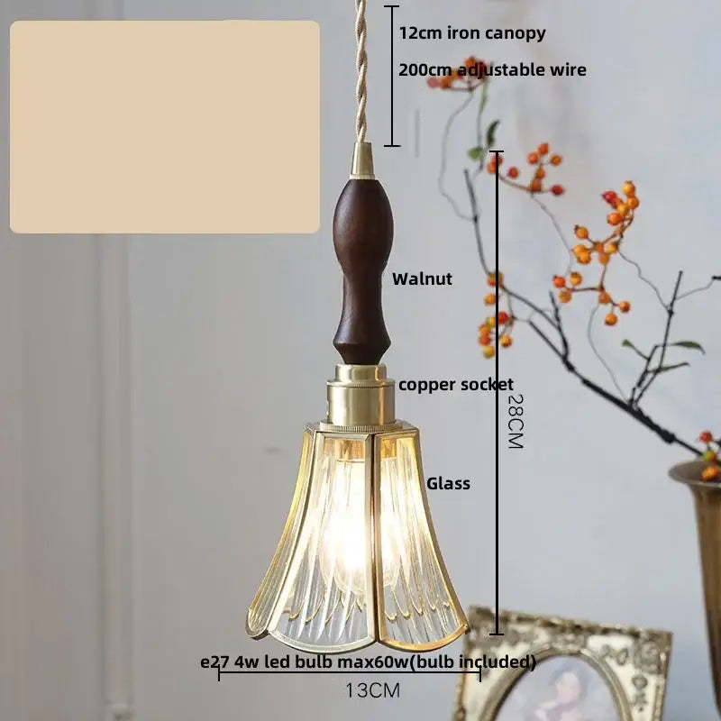 A 28cm pendant lamp with dark walnut handle, brass copper socket, and antique gold petal glass led shade with vertical ridges