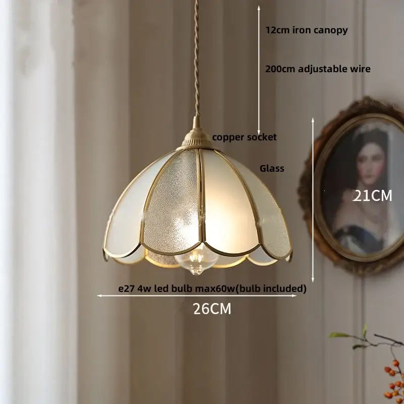 Antique gold petal glass led pendant lamp with brass frame and frosted glass panels for kitchen lighting fixture