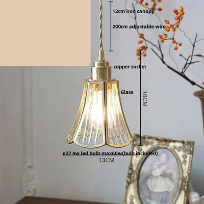 Antique gold petal glass led pendant lamp with brass iron canopy copper socket and fluted shade for kitchen lighting