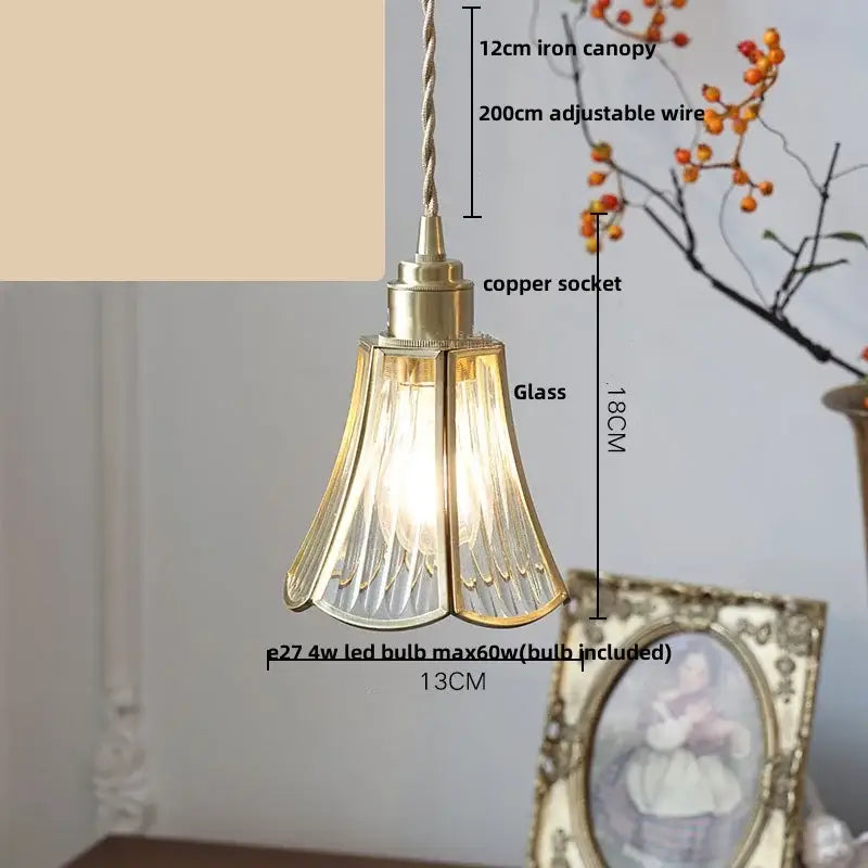 Antique gold petal glass led pendant lamp with brass iron canopy copper socket and fluted shade for kitchen lighting