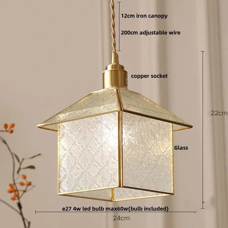 Antique gold petal glass led pendant lamp with textured glass panels and copper socket for kitchen lighting