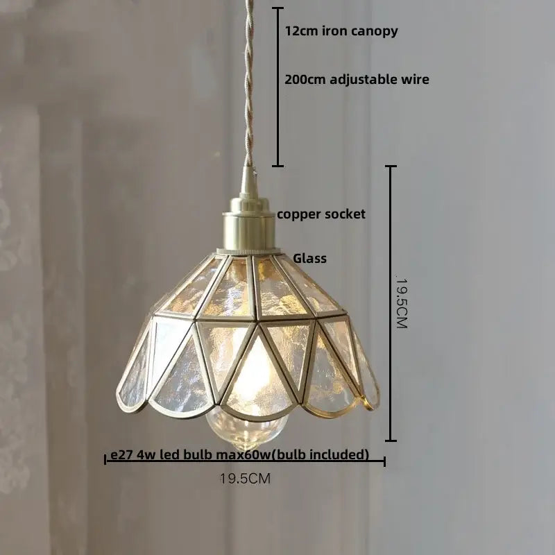 Antique gold petal glass led pendant lamp with geometric glass shade brass frame and copper socket for kitchen light fixture